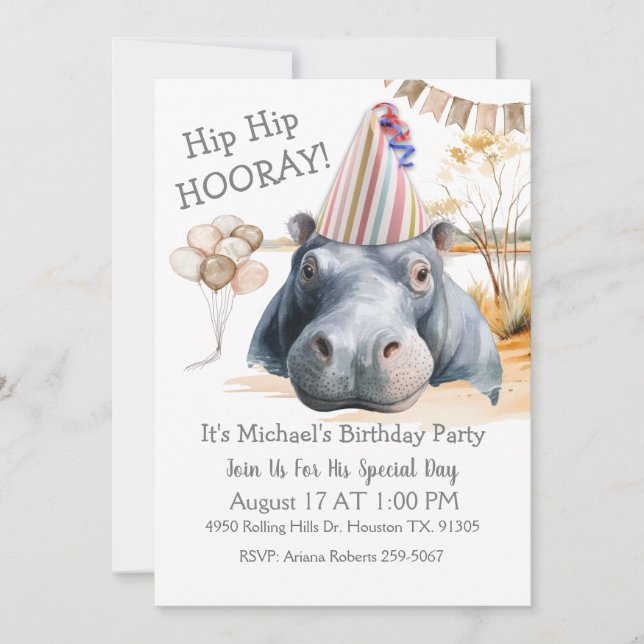 Convite Hip Hip Hooray Hippo Birthday (Frente)