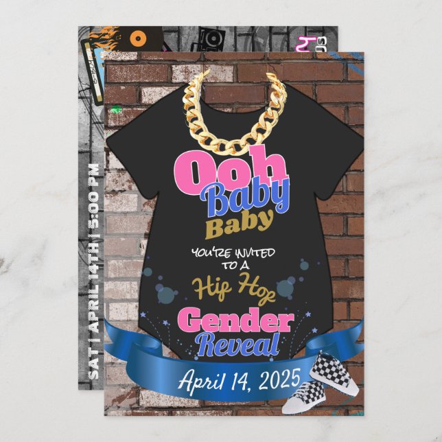 Convite Hip Hop Gender Reveal Pink & Blue Invitations (Frente/Verso)
