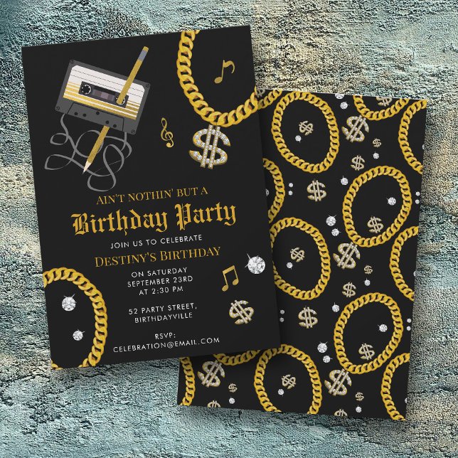 Convite Hip Hop Gold Chain Cassette 80's 90's Birthday (Hip Hop Gold Chain Cassette 80's 90's Birthday Invitation)