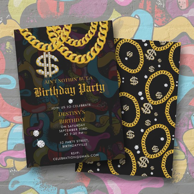 Convite Hip Hop Gold Chain Graffiti 90's Birthday Party (Hip Hop Gold Chain Graffiti 90's Birthday Party Invitation)