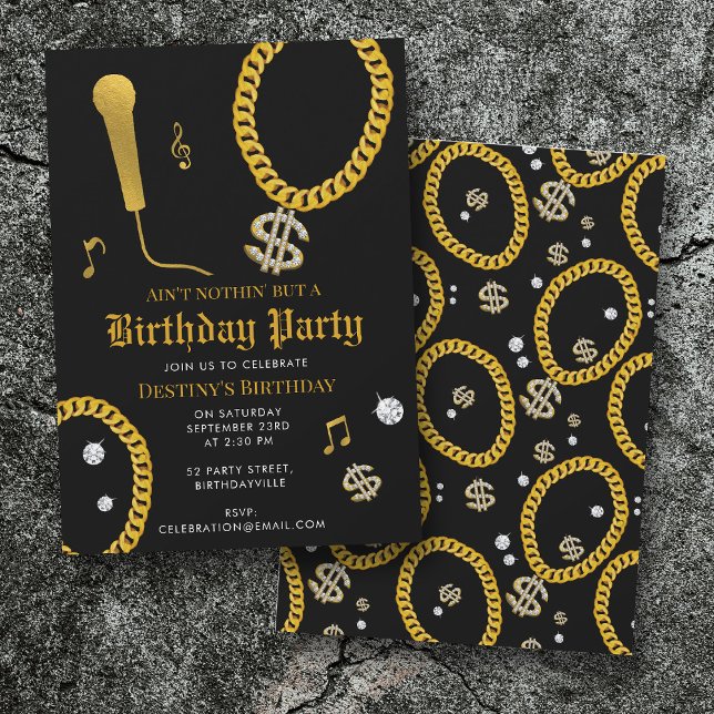 Convite Hip Hop Gold Chain Microphone 80's 90's Birthday (Hip Hop Gold Chain Microphone 80's 90's Birthday Invitation)