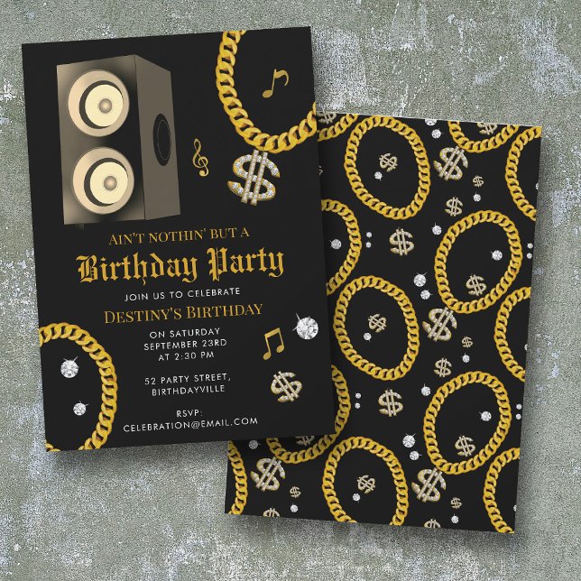 Convite Hip Hop Gold Chain Subwoofer 80's 90's Birthday (Hip Hop Gold Chain Subwoofer 80's 90's Birthday Invitation)