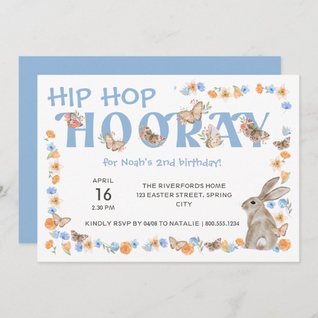 Convite Hip Hop Hooray Bunny e o Aniversário do Butterfly  (Frente/Verso)
