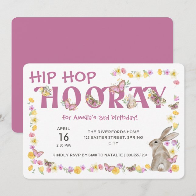 Convite Hip Hop Hooray Girl's Birthday Bunny and Butterfly (Frente/Verso)