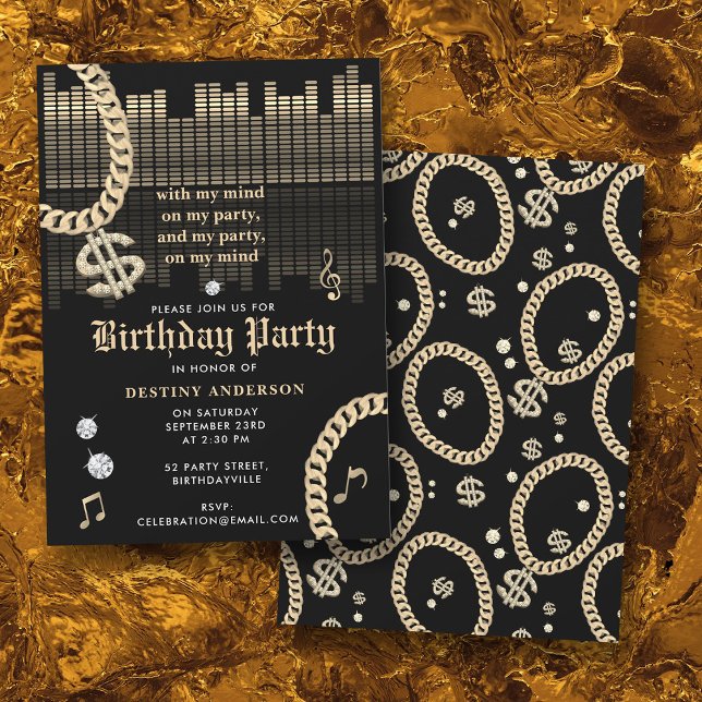Convite Hip Hop Rap Music Gold Link Chain 90's Birthday (Hip Hop Rap Music Gold Link Chain 90's Birthday Invitation)