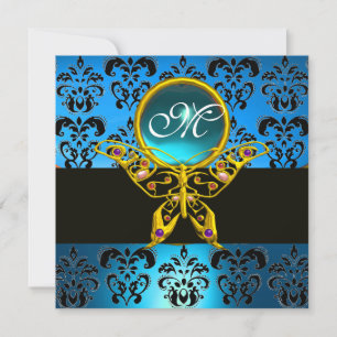 Convite HIPERBORBOLETA MONOGRAMA,damasco azul,aquamarina