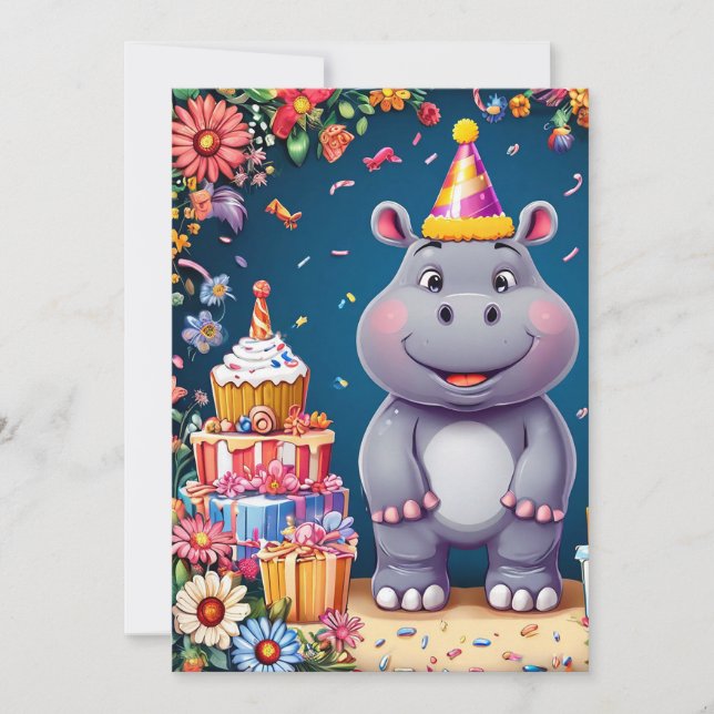 Convite Hipopótamo de aniversário com bolo e balões (Frente)