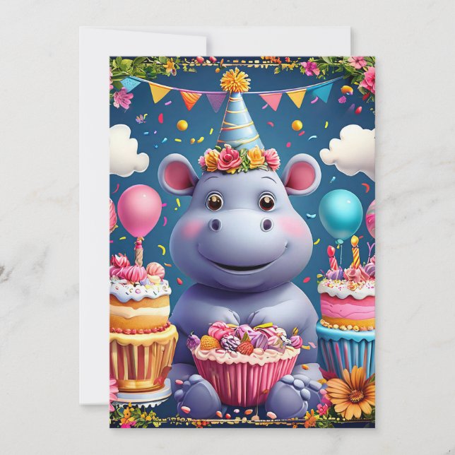 Convite Hipopótamo de aniversário com bolo e balões (Frente)