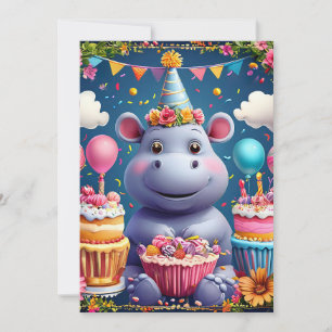 Convite Hipopótamo de aniversário com bolo e balões
