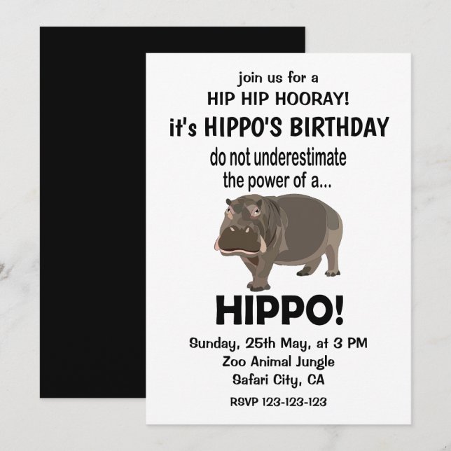Convite Hipopótamo Divertido Cumpleaños Hipopótamo Fofo (Frente/Verso)