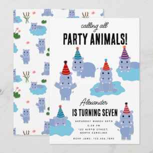 Convite Hipopótamo Fofo Animais de Festa de Aniversário