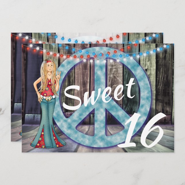 Convite Hippie Girl, Peace Sign, Lights Sweet 16 Birthday (Frente/Verso)