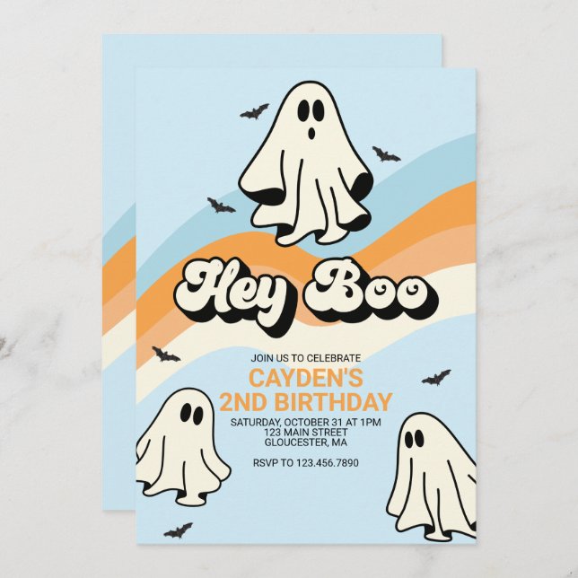 Convite Hippie Halloween Retro Ghost Ei Boo Azul (Frente/Verso)