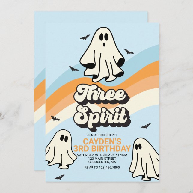 Convite Hippie Halloween Retro Ghost Três Espírito (Frente/Verso)