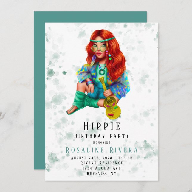 Convite Hippie Preten Girl Festa de aniversário (Frente/Verso)