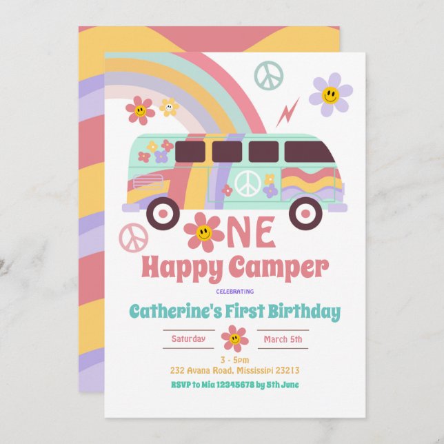 Convite Hippie Van One Happy Camper Primeiro Aniversário (Frente/Verso)