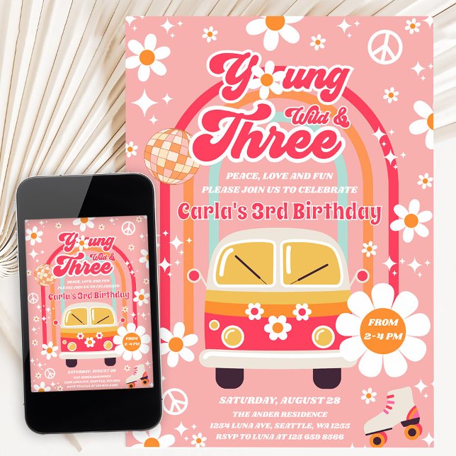 Convite Hippie Young Wild & Three Groovy 3rd Birthday (Criador carregado)