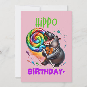 Convite Hippo Birthday Cheerful, Colorida Nadadora