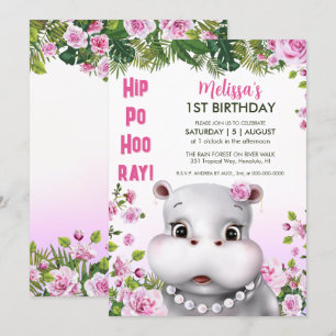 Convite Hippo Pearls Pearls Floral Rosa Aniversário