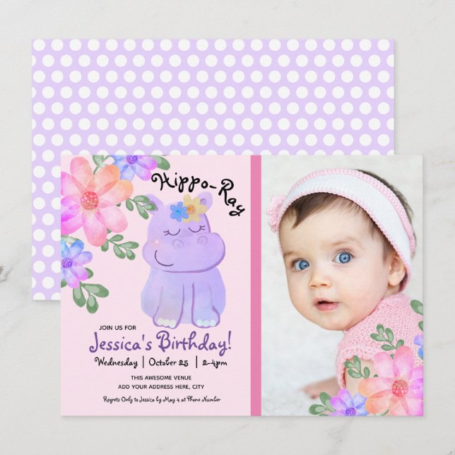 Convite Hippo Watercolor Birthday Girly Floral (Frente/Verso)