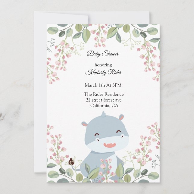 Convite Hippopotamus Woodland Baby Shower (Frente)