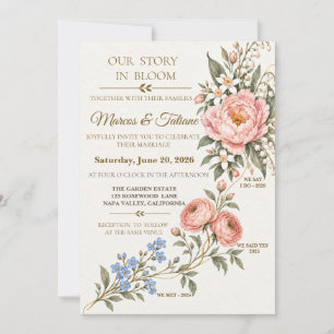 Convite História de Amor Floral em Aquarela Rosa Bege Casa