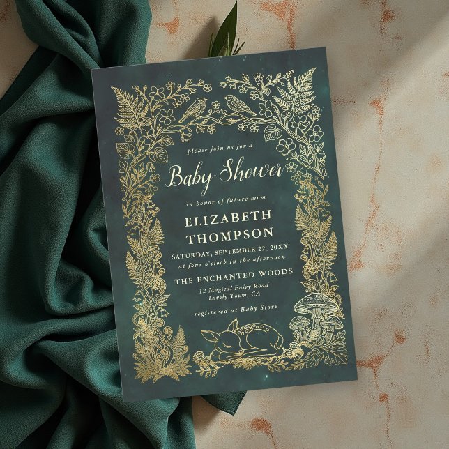 Convite História de Animais da Floresta Chamada de Bebê En (woodland deer baby shower ideas forest themed mushrooms greenery faux gold invitation)
