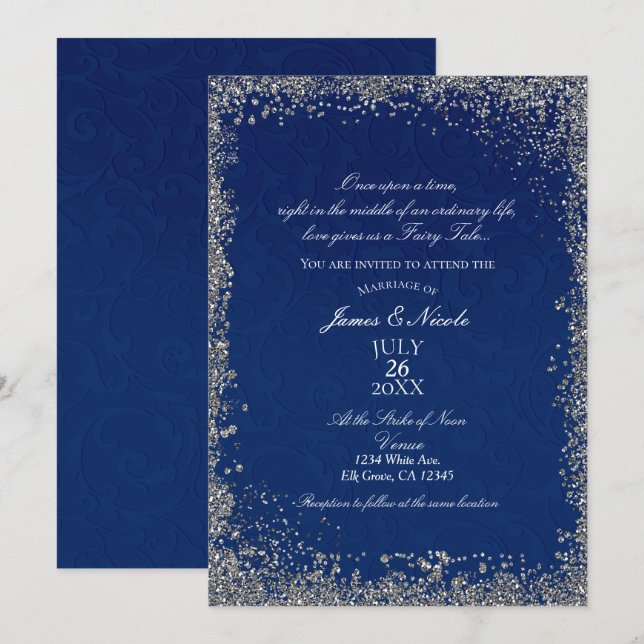 Convite História de Casamento da Princesa Navy Blue Silver (Frente/Verso)