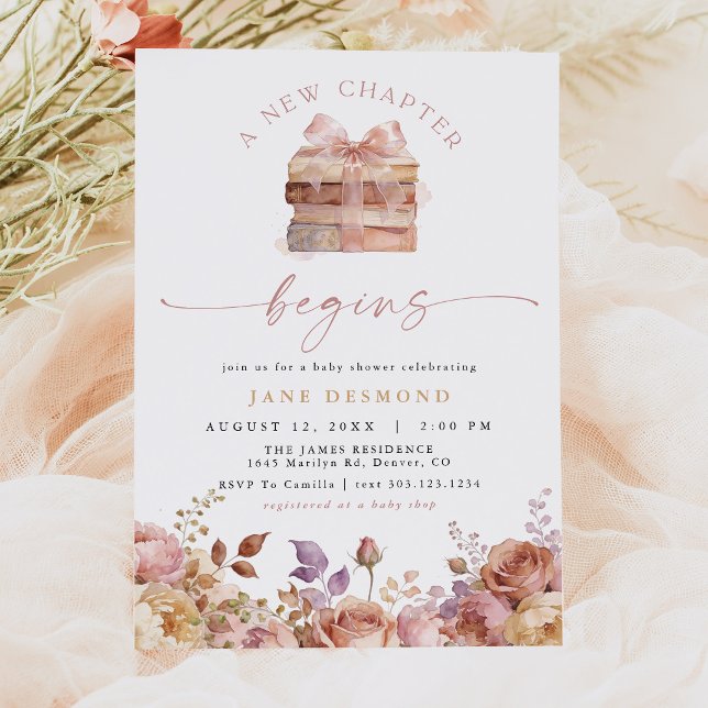 Convite História de Livros Nova Capítulo Chuvada de Bebê (Romantic Dusty Pink & Purple Floral "A New Chapter Begins" Story Book Themed Baby Shower Invitation)