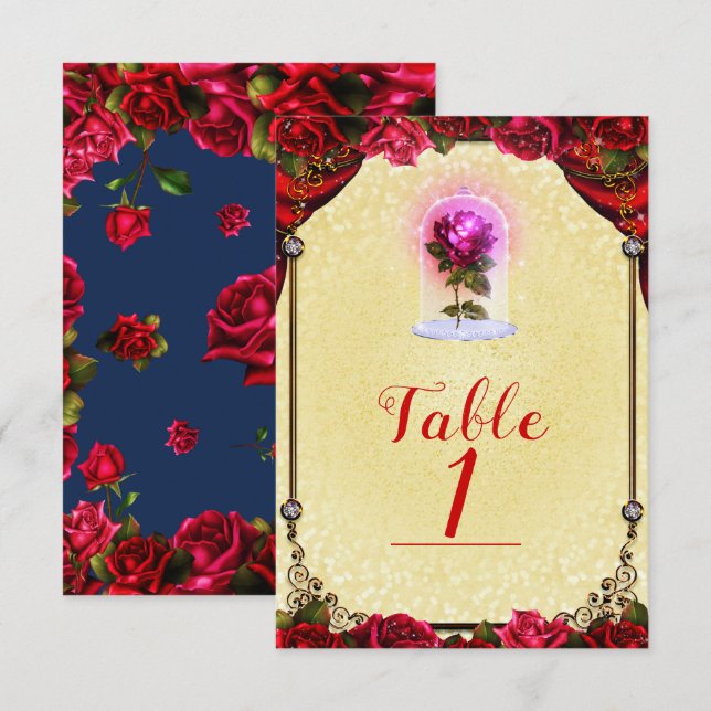 Convite História Elegante Rosas Vermelhas Número da Mesa A (Frente/Verso)