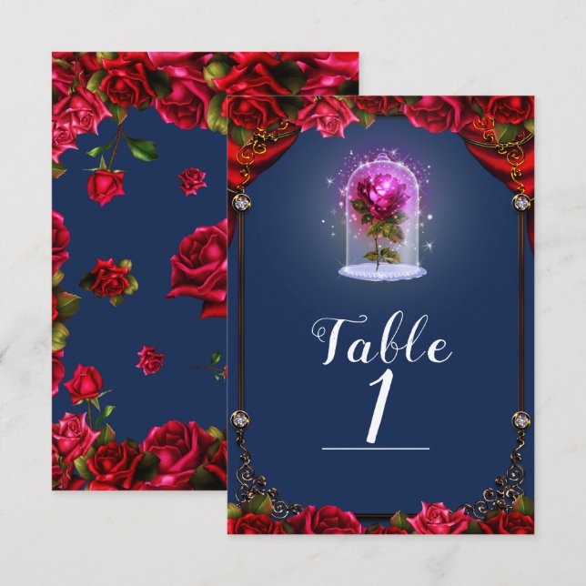 Convite História Elegante Rosas Vermelhas Número da Mesa A (Frente/Verso)