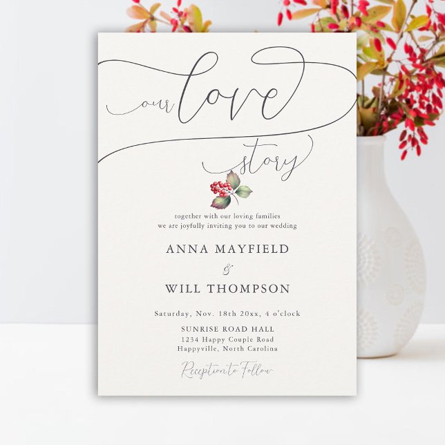 Convite História Romântica de Amor Casamento Elegante Berr (winter red berries love story romantic elegant wedding invitation minimalist classy country rustic)