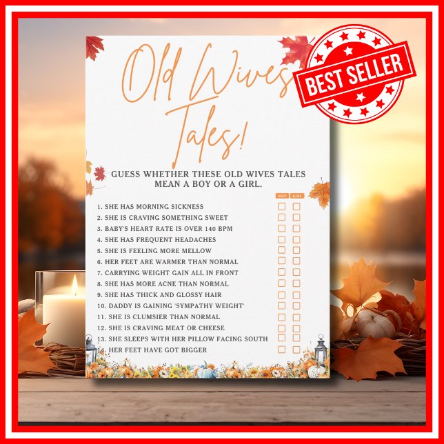 Convite HISTÓRIAS DE COMADRES Jogo para Chá de Bebê PEquen (OLD WIVES TALES Easy Baby Shower Game A Little Pumpkin is on the Way Fall Autumn Theme)