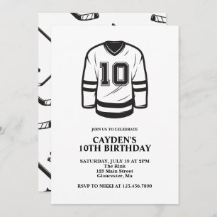 Convite Hockey Black and White 10th Birthday