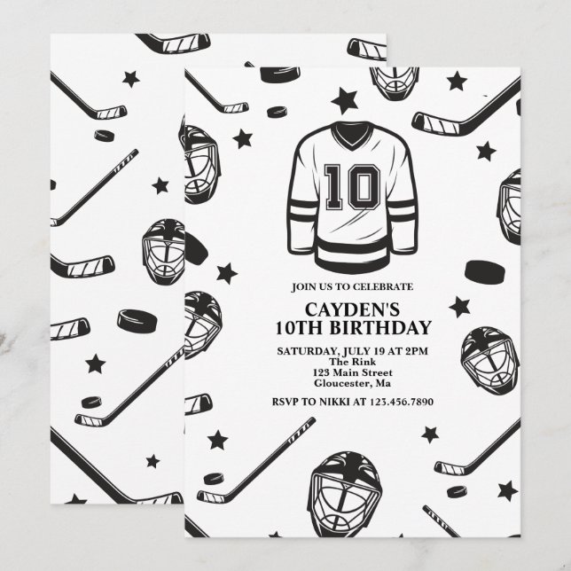 Convite Hockey Black and White 10th Birthday (Frente/Verso)