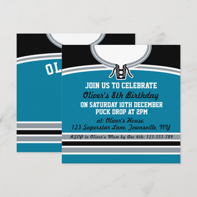 Convite Hockey Jersey Themed Party Invite Modelo, Teal (Frente/Verso)