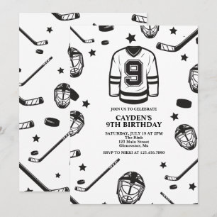 Convite Hockey preto e branco de 9 anos de idade