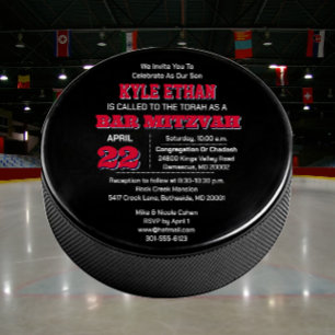 Convite Hockey Puck Red White e Bar Azul Mitzvah