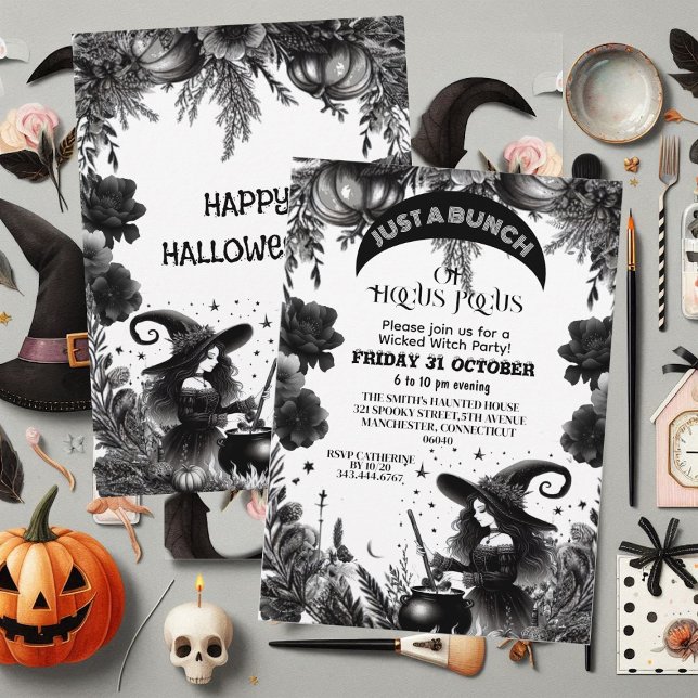 Convite Hocus Pocus Wicked Witch Party - Script Gótico Pre (Hocus Pocus Wicked Witch Party Gothic Script Black Invitation)