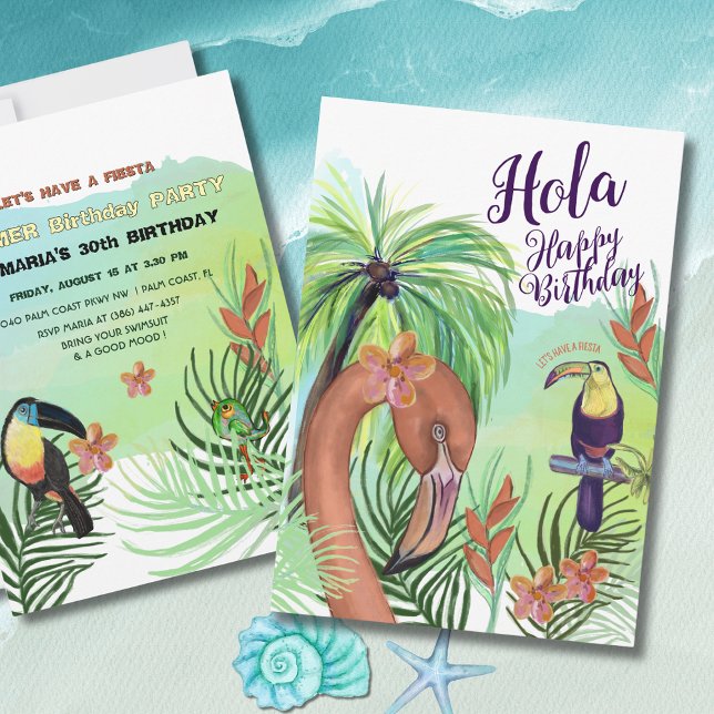 Convite Hola Happy Birthday - Tropical Flamingo Toucan (Hola Happy Birthday -Tropical Flamingo Toucan Invitation)