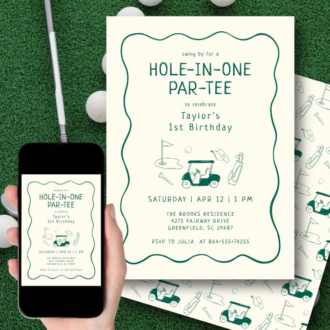 Convite Hole In One 1st Birthday Par-tee Hand Drawn Green (Hand-drawn golf icons add a playful, artistic touch to this modern first birthday invite.)