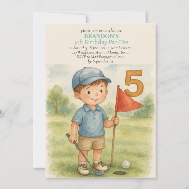 Convite Hole in One Golf Boy 5th Birthday Par-Tee (Frente)