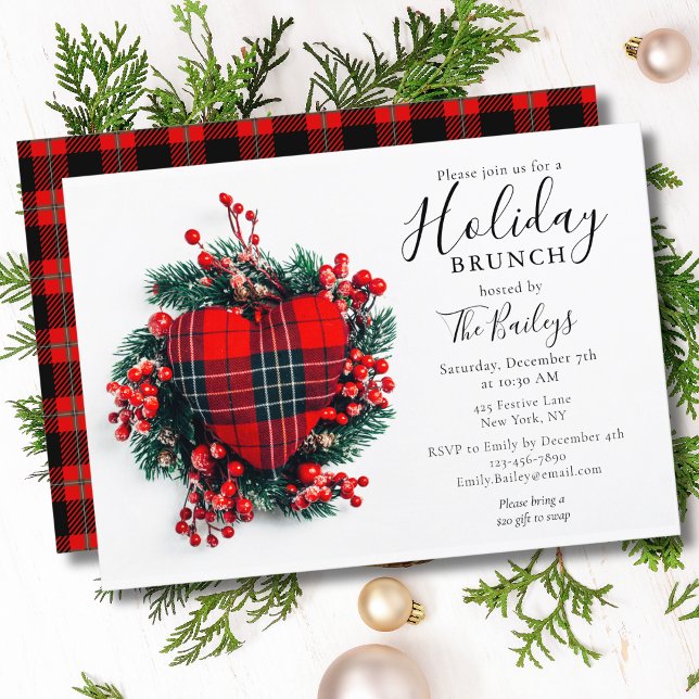 Convite Holiday Brunch | Brunch Red Tartan Heart (Criador carregado)