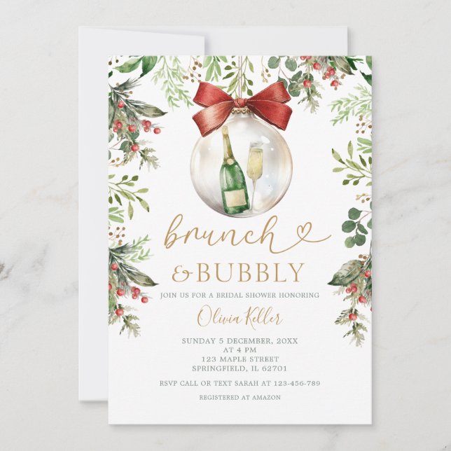 Convite Holiday Brunch & Bubbly Christmas Bridal Shower  (Frente)