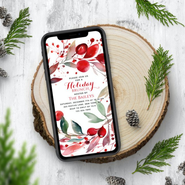 Convite Holiday Brunch Elegante, Natal, Red Floral Wreath (Criador carregado)