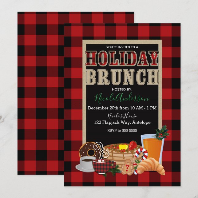 Convite Holiday Brunch Rustic Red Black Xadrez (Frente/Verso)