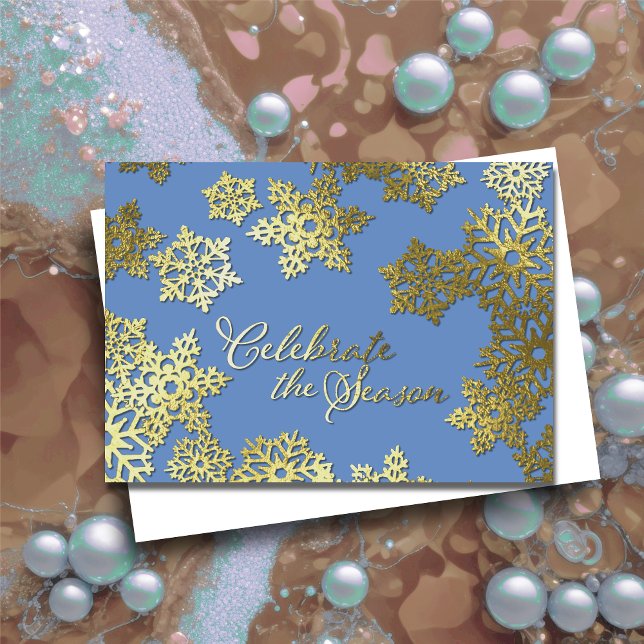 Convite Holiday Celebrate Season Dourado Snowflake Blue (Criador carregado)