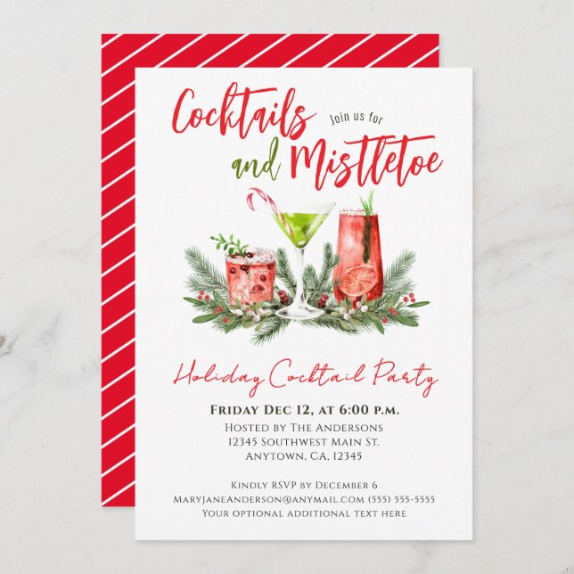 Convite Holiday Cocktail Party Red Green Festive Drinks  (Frente/Verso)