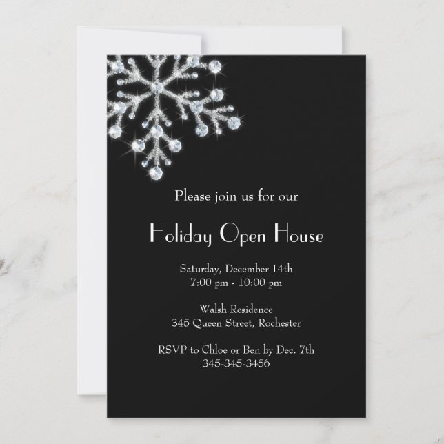 Convite Holiday Crystal Snowflake Open House (preto) (Frente)