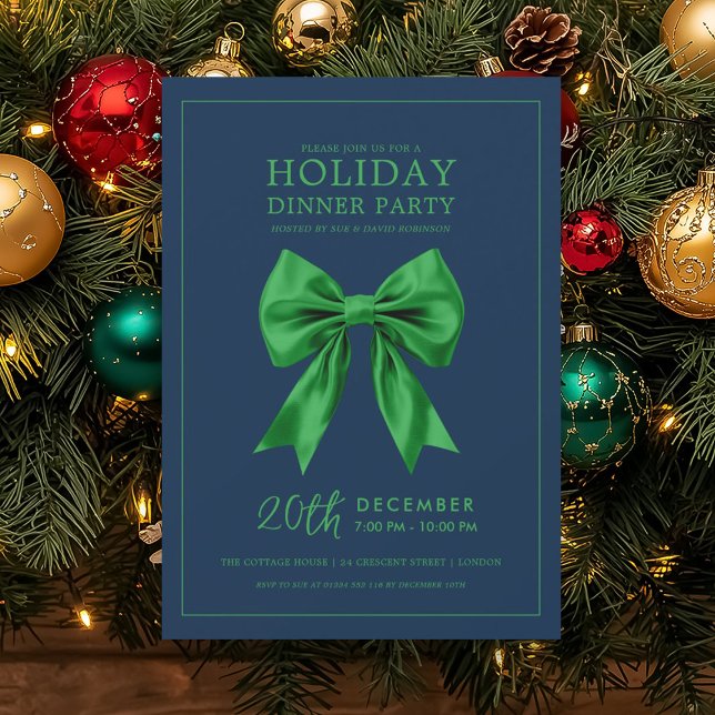 Convite Holiday Dinner Party Green Satin Bow Navy  (Holiday Dinner Party Green Satin Bow Navy Invitation)